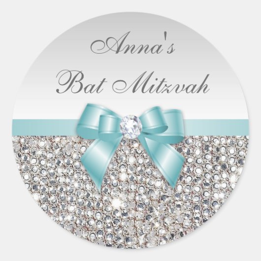 Bat Mitzvah Faux Silver Sequins Blauwgroen boogdia Ronde Sticker (Voorkant)