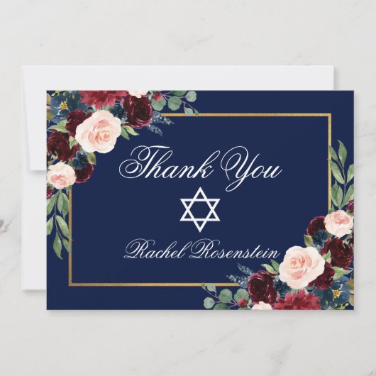Bat Mitzvah Floral Burgundy Blue Gold Bedankkaart (Voorkant)