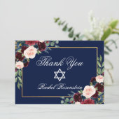 Bat Mitzvah Floral Burgundy Blue Gold Bedankkaart (Staand voorkant)
