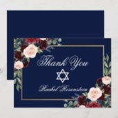 Bat Mitzvah Floral Burgundy Blue Gold Bedankkaart (Voorkant / Achterkant)