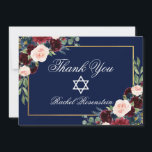 Bat Mitzvah Floral Burgundy Blue Gold Bedankkaart<br><div class="desc">Bat Mitzvah Waterverf Burgundy Marsala Blue Floral Gold Hartelijk dank</div>