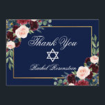 Bat Mitzvah Floral Burgundy Blue Gold Bedankkaart<br><div class="desc">Bat Mitzvah Waterverf Burgundy Marsala Blue Floral Gold Hartelijk dank</div>