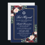 Bat Mitzvah Floral Burgundy Blue Gold Invitation Kaart<br><div class="desc">Bat Mitzvah Waterverf Burgundy Marsala Blue Floral Gold Invitation Kaart</div>