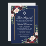 Bat Mitzvah Floral Burgundy Blue Gold Invitation Kaart<br><div class="desc">Bat Mitzvah Waterverf Burgundy Marsala Blue Floral Gold Invitation Kaart</div>