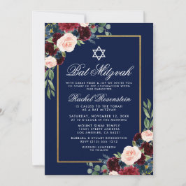 Bat Mitzvah Floral Burgundy Blue Gold Invitation Kaart