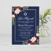 Bat Mitzvah Floral Burgundy Blue Gold Invitation Kaart (Staand voorkant)