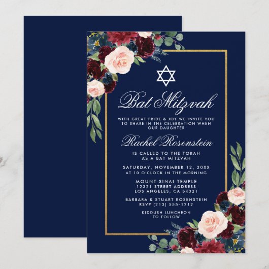 Bat Mitzvah Floral Burgundy Blue Gold Invitation Kaart (Voorkant / Achterkant)