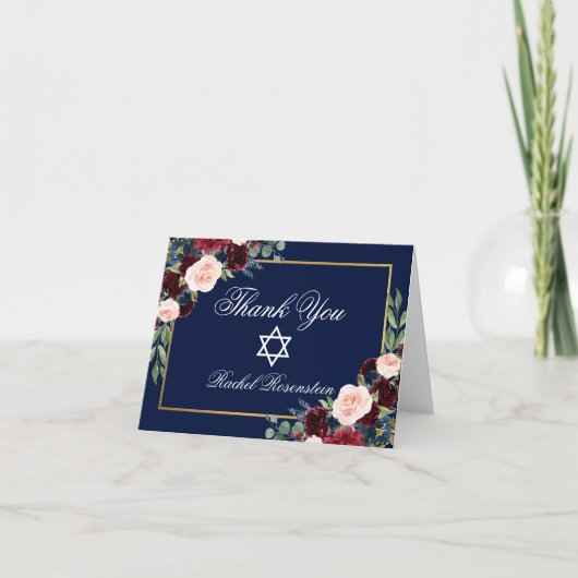 Bat Mitzvah Floral Burgundy Blue Gold Note Bedankkaart (Voorkant)