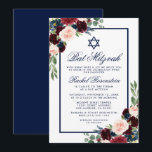 Bat Mitzvah Floral Burgundy Blue Invitation Kaart<br><div class="desc">Bat Mitzvah Waterverf Burgundy Marsala Blue Floral Invitation Kaart</div>