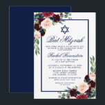 Bat Mitzvah Floral Burgundy Blue Invitation Kaart<br><div class="desc">Bat Mitzvah Waterverf Burgundy Marsala Blue Floral Invitation Kaart</div>