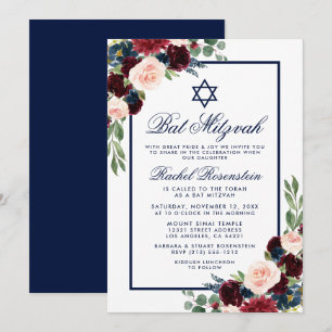 Bat Mitzvah Floral Burgundy Blue Invitation Kaart