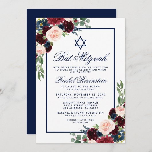 Bat Mitzvah Floral Burgundy Blue Invitation Kaart (Voorkant / Achterkant)