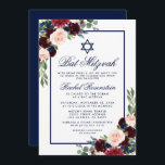 Bat Mitzvah Floral Burgundy Blue Invitation Kaart<br><div class="desc">Bat Mitzvah Waterverf Burgundy Marsala Blue Floral Invitation Kaart</div>