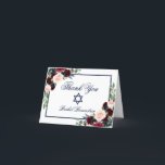 Bat Mitzvah Floral Burgundy Blue Note Bedankkaart<br><div class="desc">Bat Mitzvah Waterverf Burgundy Marsala Blue Floral Dank je wel Kaart</div>