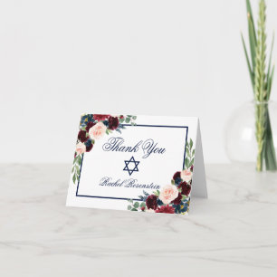 Bat Mitzvah Floral Burgundy Blue Note Bedankkaart