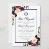Bat Mitzvah Floral Burgundy Blue Silver Uitnodigin Kaart (Voorkant)