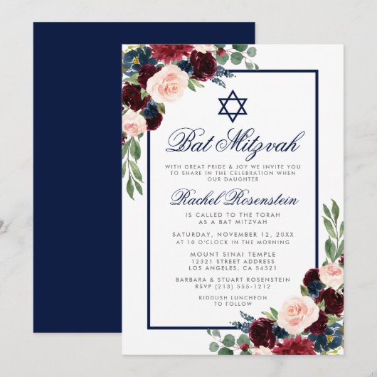 Bat Mitzvah Floral Burgundy Blue Silver Uitnodigin Kaart (Voorkant / Achterkant)