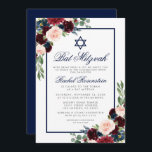 Bat Mitzvah Floral Burgundy Blue Silver Uitnodigin Kaart<br><div class="desc">Bat Mitzvah Waterverf Burgundy Marsala Blue Floral Silver Invitation Kaart</div>