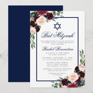 Bat Mitzvah Floral Burgundy Blue Silver Uitnodigin Kaart