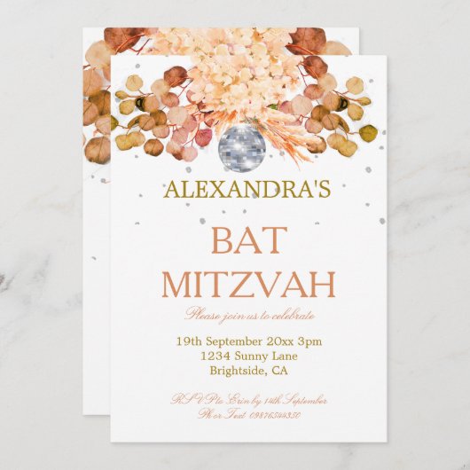 Bat Mitzvah Floral Disco Kaart (Voorkant / Achterkant)