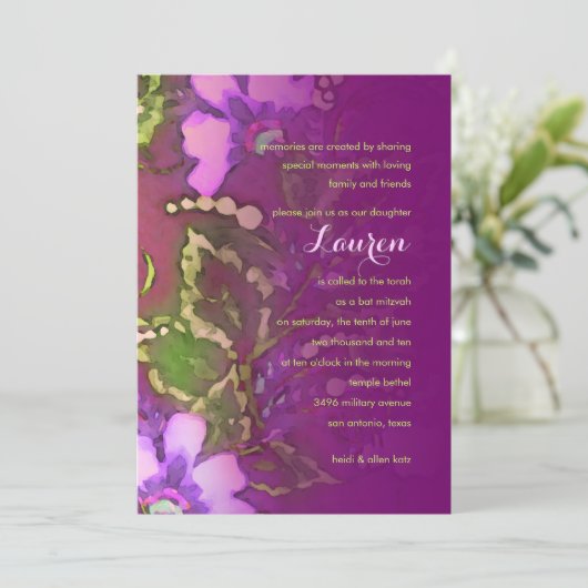 Bat Mitzvah Floral in Raspberry en Green Kaart (Staand voorkant)