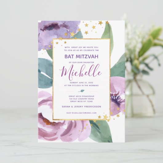 Bat Mitzvah Floral Invitation Kaart (Staand voorkant)