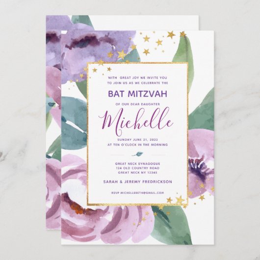 Bat Mitzvah Floral Invitation Kaart (Voorkant / Achterkant)