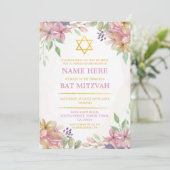 Bat Mitzvah Floral Invite Glitter Girl Star Gold Kaart (Staand voorkant)