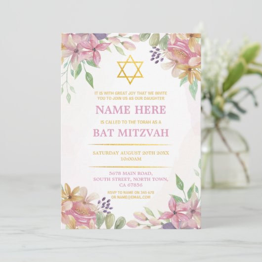 Bat Mitzvah Floral Invite Glitter Girl Star Gold Kaart (Staand voorkant)