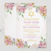 Bat Mitzvah Floral Invite Glitter Girl Star Gold Kaart (Voorkant / Achterkant)