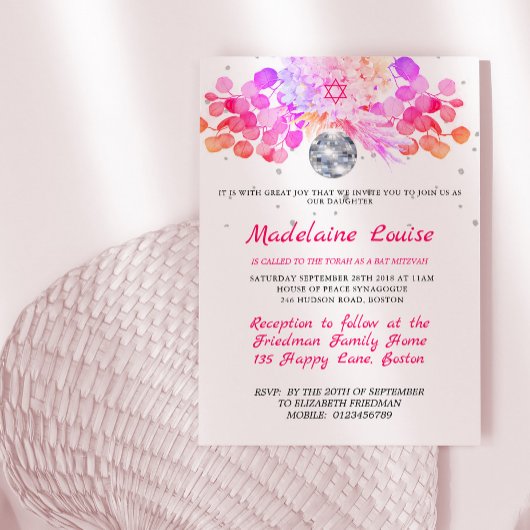 Bat Mitzvah Floral Pink Disco Ball Kaart