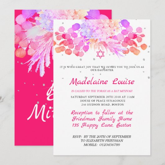 Bat Mitzvah Floral Pink Modern Kaart (Voorkant / Achterkant)