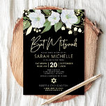 Bat Mitzvah Floral Waterverf Black Real Gold Folie Uitnodiging<br><div class="desc">Wees trots, blij en toon deze mijlpaal van je favoriete Bat Mitzvah met deze geavanceerde, persoonlijke uitnodiging! Een mooie, verbluffende, witte en echte gouden folie florale waterverf, een echt gouden folie handgeschreven script en een witte, serif typografie, bedekken een dramatische zwarte achtergrond. Extra witte waterverf en faux goudbloemen en een...</div>