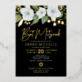 Bat Mitzvah Floral Waterverf Black Real Gold Folie Uitnodiging (Voorkant)