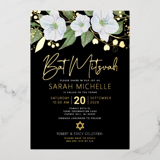Bat Mitzvah Floral Waterverf Black Real Gold Folie Uitnodiging (Voorkant)