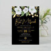 Bat Mitzvah Floral Waterverf Black Real Gold Folie Uitnodiging (Staand Voorkant)
