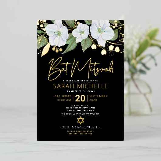 Bat Mitzvah Floral Waterverf Black Real Gold Folie Uitnodiging (Staand Voorkant)