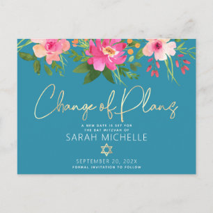 Bat Mitzvah Floral Waterverf Gold Script Blue Uitnodiging Briefkaart