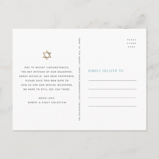 Bat Mitzvah Floral Waterverf Gold Script Blue Uitnodiging Briefkaart (Achterkant)
