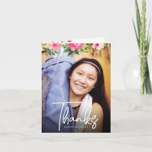 Bat Mitzvah Floral Waterverf Script Aangepaste fot Bedankkaart (Voorkant)