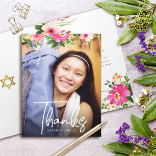 Bat Mitzvah Floral Waterverf Script Aangepaste fot Bedankkaart