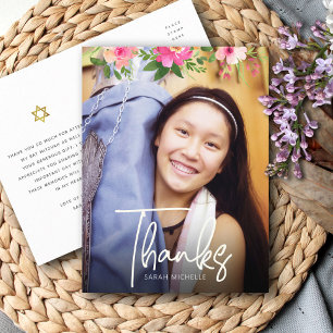 Bat Mitzvah-foto bloemenschrift aangepaste bedankk Briefkaart