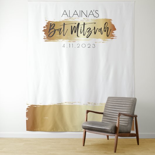 Bat Mitzvah Foto Booth Party Backdrop Gold White Wandkleed (In situ)
