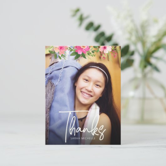 Bat Mitzvah Foto Floral Script Custom Hartelijk da Briefkaart (Staand voorkant)