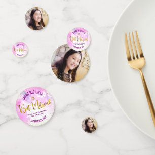 Bat Mitzvah Foto Gold Foil Script Roze Waterverf Confetti
