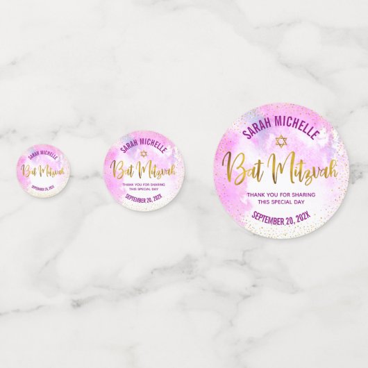 Bat Mitzvah Foto Gold Foil Script Roze Waterverf Confetti (Achterkanten)