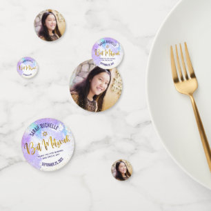 Bat Mitzvah Foto Gold Script Paarse Waterverf Confetti