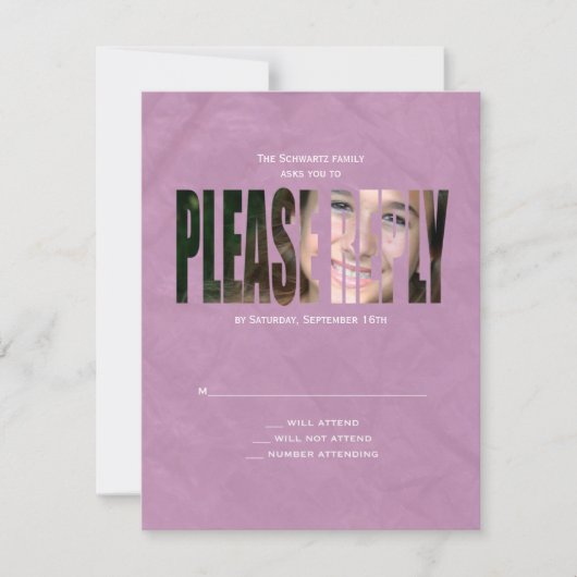 Bat Mitzvah Foto RSVP Reply Card in Paars  (Voorkant)