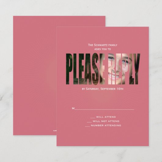 Bat Mitzvah Foto RSVP Reply Card in Roze Kaartje (Voorkant / Achterkant)