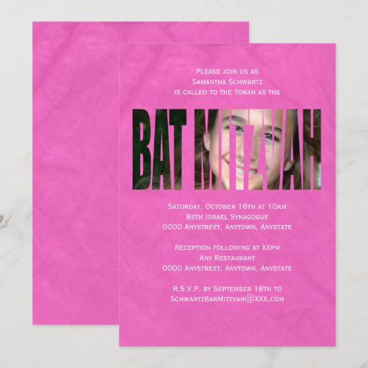 Bat Mitzvah Foto-uitnodiging in Hot Pink Kaart (Voorkant / Achterkant)